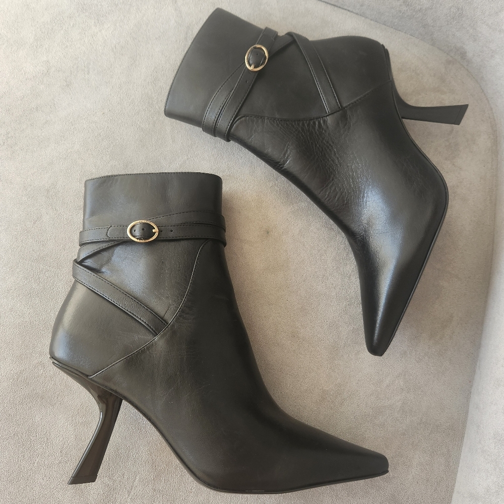 Karl Lagerfeld Heeled Booties 9 Black Leather Karly Bended Heel Pointy New $170